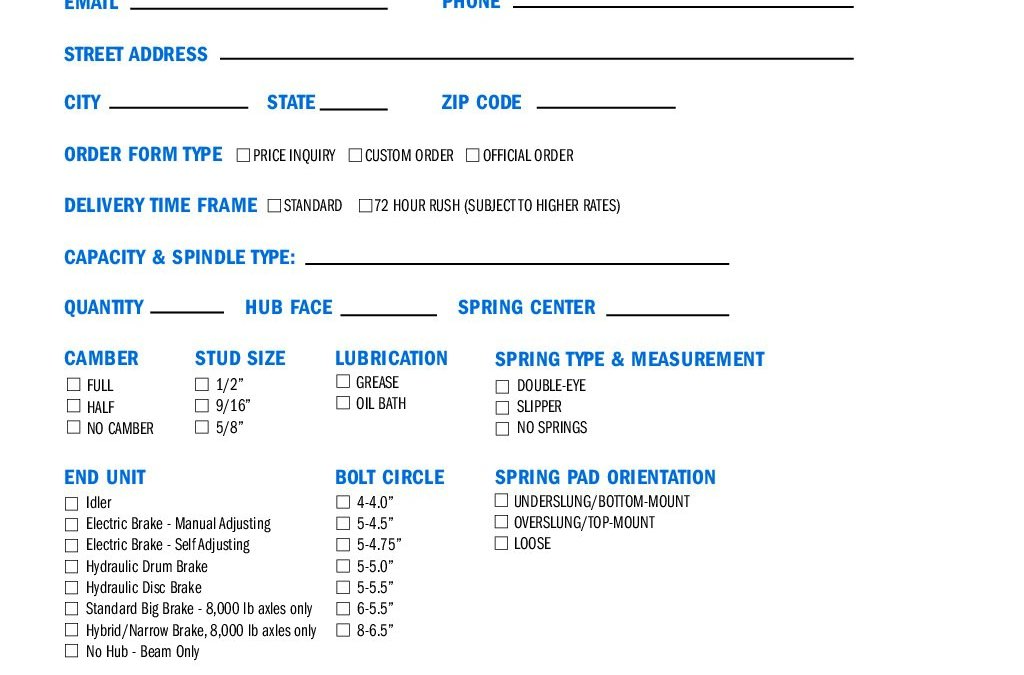 Strut Rack Order Form Spring Axle Order Form | Duratek